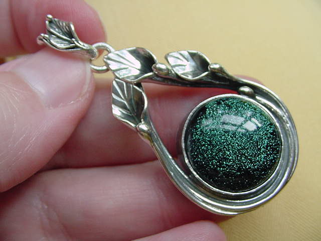 Sterling Silver Wire Wrapped Dichroic Glass Pendant | Memorial Jewelry Oxidized (dark) / Green / in Backing